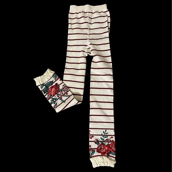 RuffleButts Girls Footless Ruffled Tights floral striped white burgundy - Picture 1 of 5